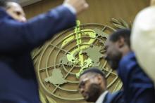 WHA79 WHO logo and delegates