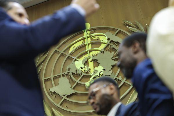 WHA79 WHO logo and delegates